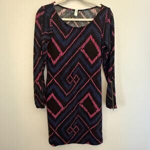 24seven Comfort Apparel Geometric Knit Bodycon Dress Long Sleeve Y2K 90s Aztec S